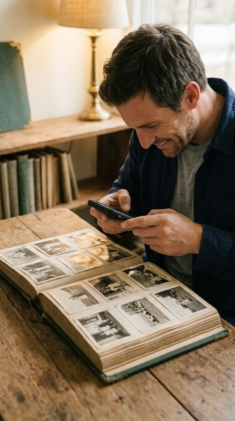 Photographing an open family album with a phone