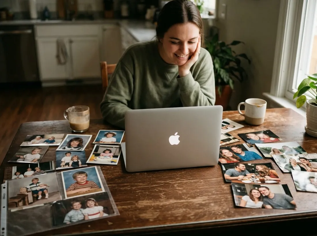 Familienfotos werden am Küchentisch mit einem Laptop sortiert
