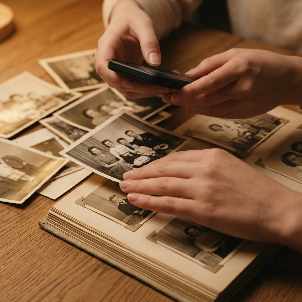 Alte Abzüge aus einem Familienalbum werden mit dem Handy abfotografiert