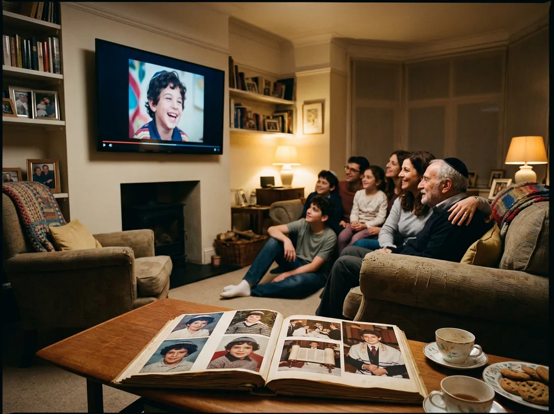 Eine Familie schaut gemeinsam ihren fertigen Film, das Album offen auf dem Tisch